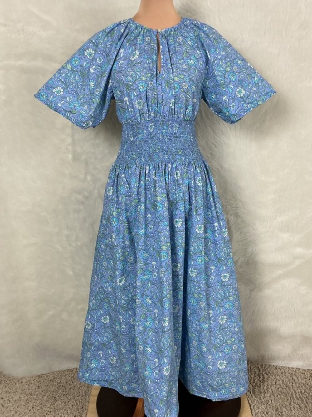 J. Crew Provence Smocked Waist Midi Dress Blue Floral BP760 MT Tall